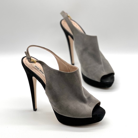 MIU MIU Shoes Womens 38 Gray Black Suede Slingback Platform Heels Peep Toe - Picture 1 of 15